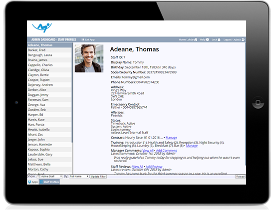 An iPad Showing a staff profile using Rosterworks management stytem