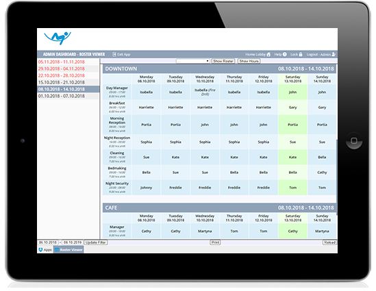 An iPad showing multi-property management software from Rosterworks