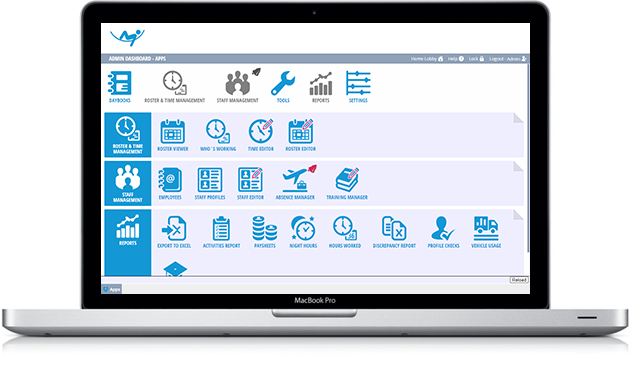 A laptop showing the Rosterworks employee management admin panel with international functionality