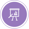 A purple whiteboard icon showing staff training with Rosterworks
